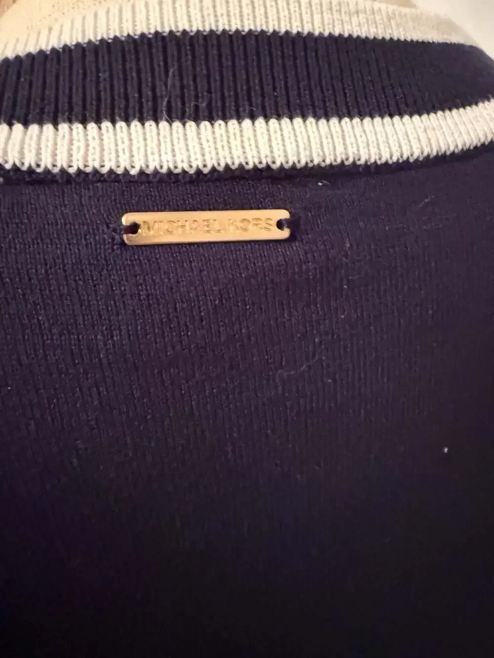 MICHAEL Michael Kors Navy Blue V-Neck Varsity Striped Sweater medium